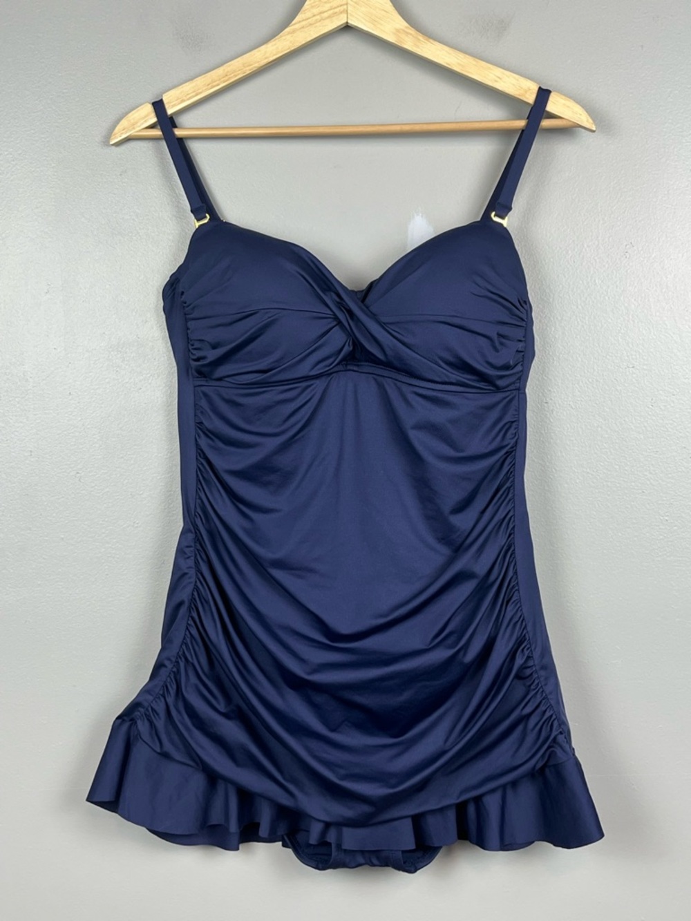 Sonnet Shores blue convertible/strapless ruched ruffled swimdress swimsuit, 10.
